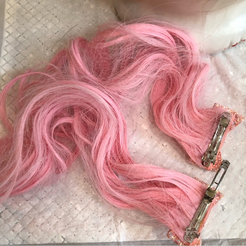 Pink glitter bow barrettes Pink hair extensions Festival Coquettegirl CosPlay - Picture 5 of 8